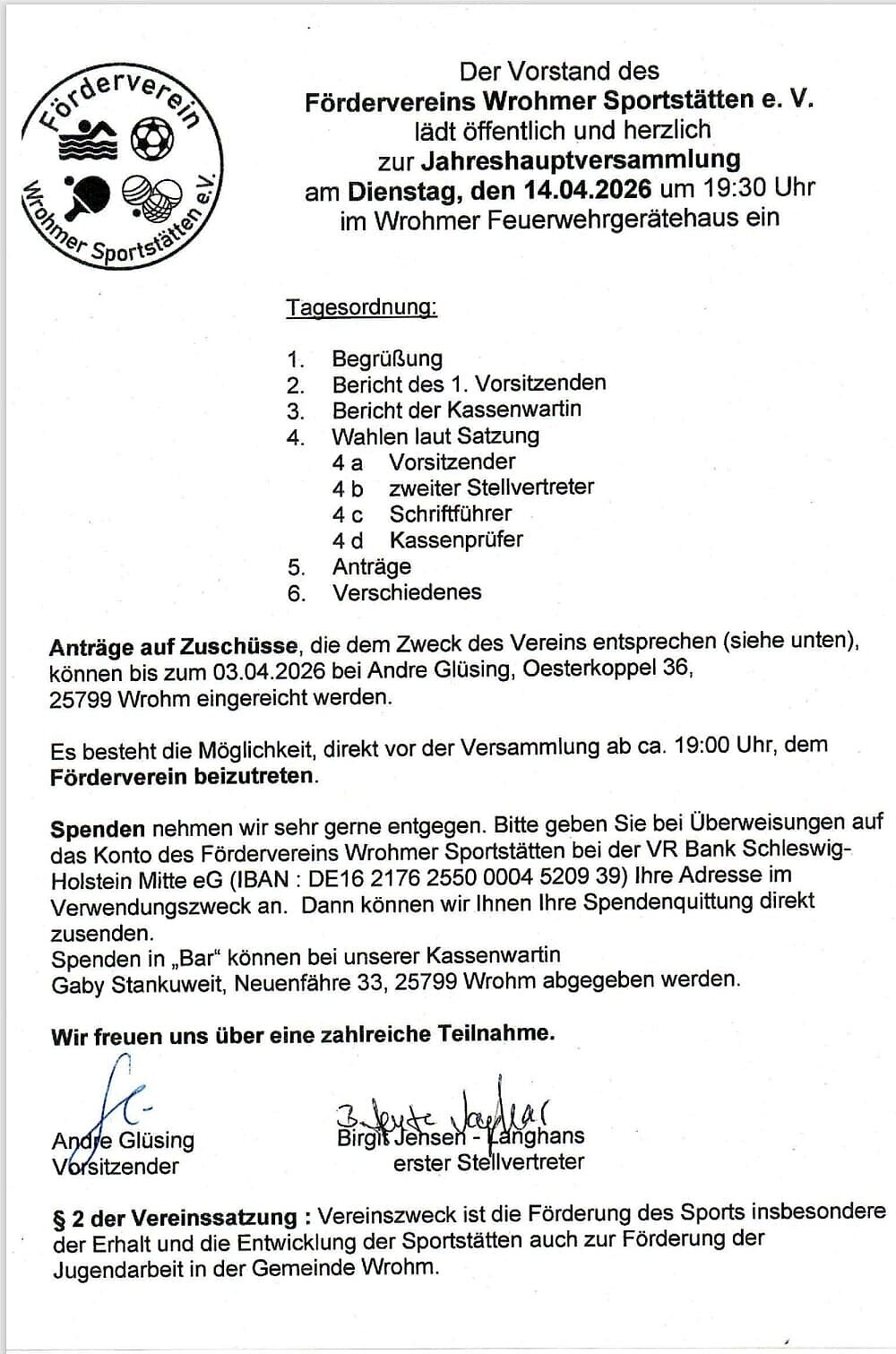 Einladung des Fördervereins Wrohmer Sportstätten zur Jahreshauptversammlung